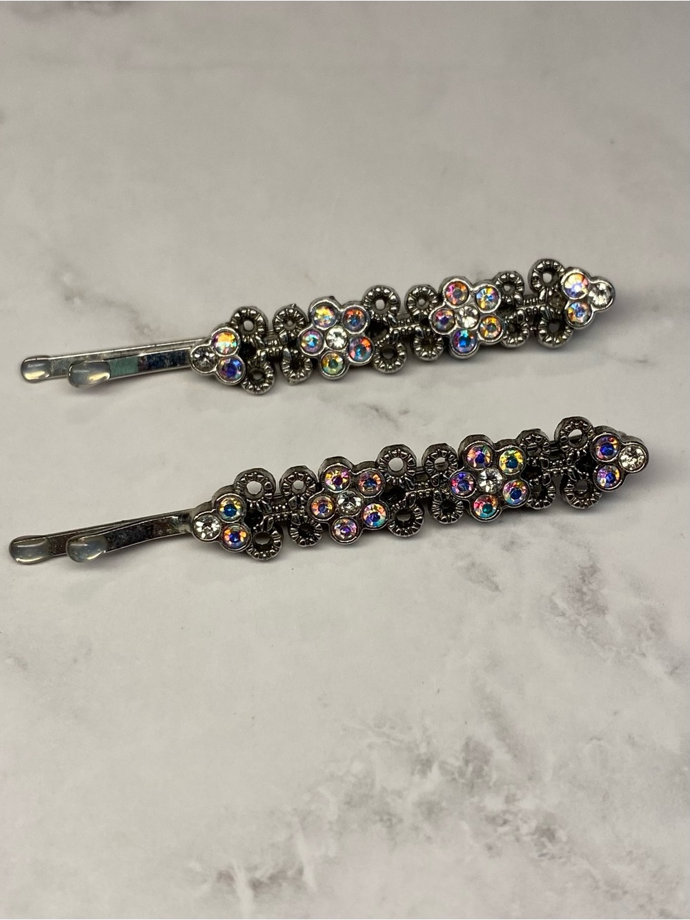 2 Rhinestone And Crystal Silver-tone Bobby Pins Hair Pins Roaring Twenties Glam